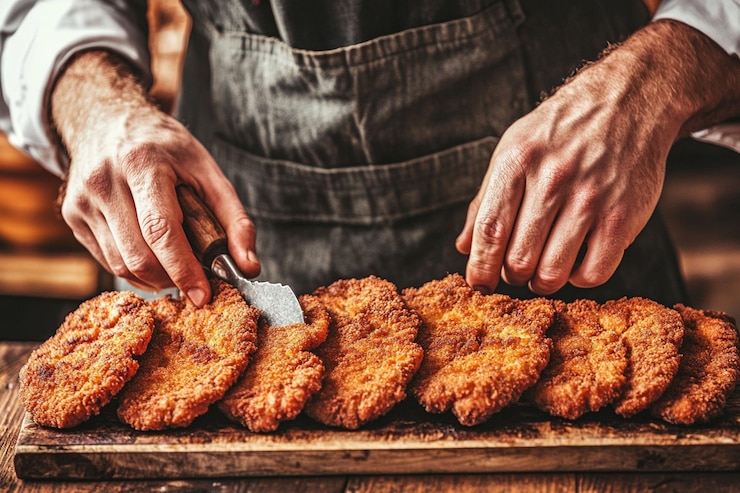 PSD chef slicing goldenbrown breaded cutlets on rustic wooden board