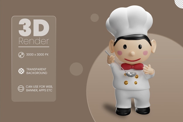 Chef smells the soup in the ladle 3d illustration