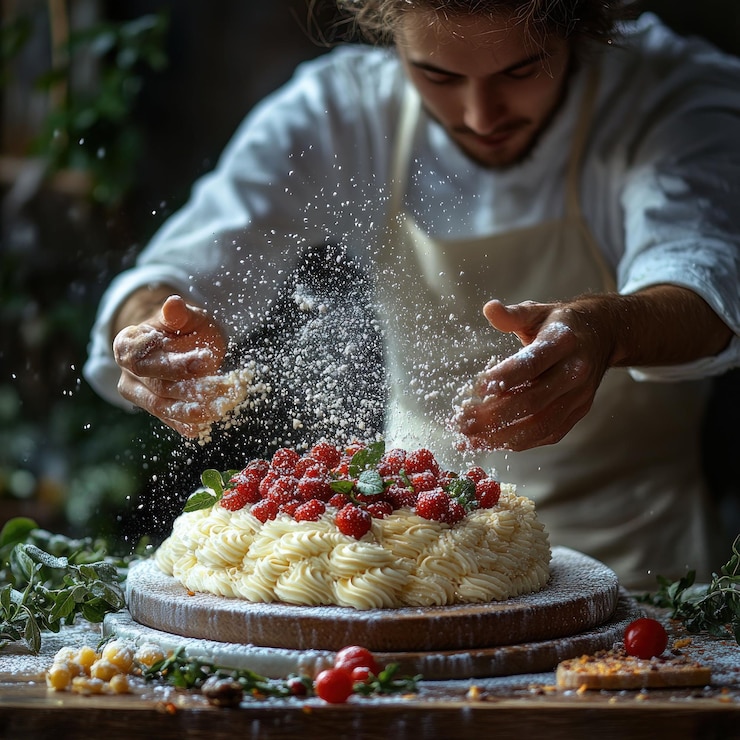 PSD a chef sprinkles powdered sugar on a cake with white frosting and raspberries