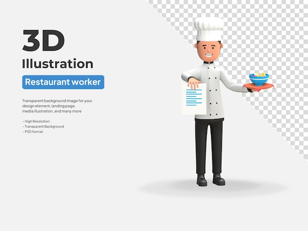 PSD chef wearing cook hat holding bowl of ramen and restaurant menu 3d render illustration