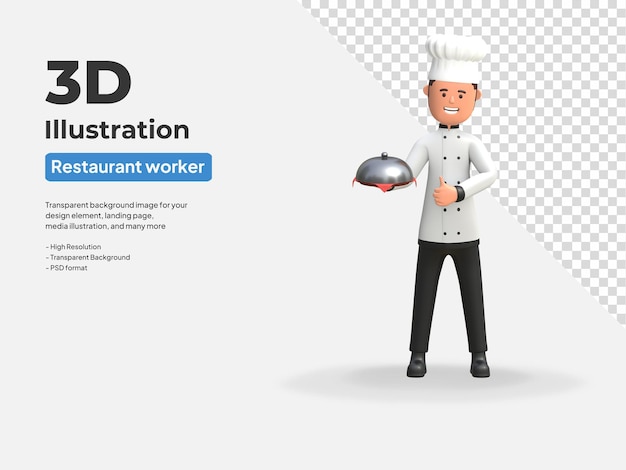 Chef wearing cook hat holding serving tray 3d render illustration