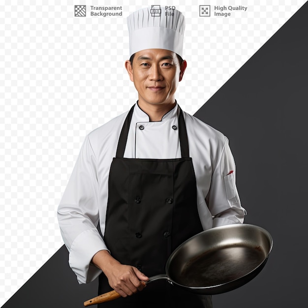 A chef in a white chef's hat is standing in front of a pan of frying pan.