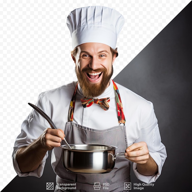 A chef with a bow tie is holding a pot and a pot with a spoon.