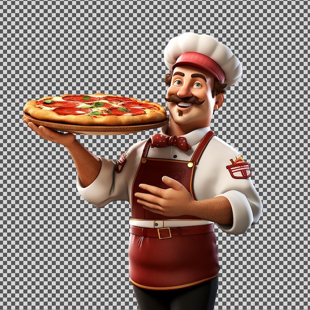 Un chef con una pizza sul braccio e una pizza sul vassoio