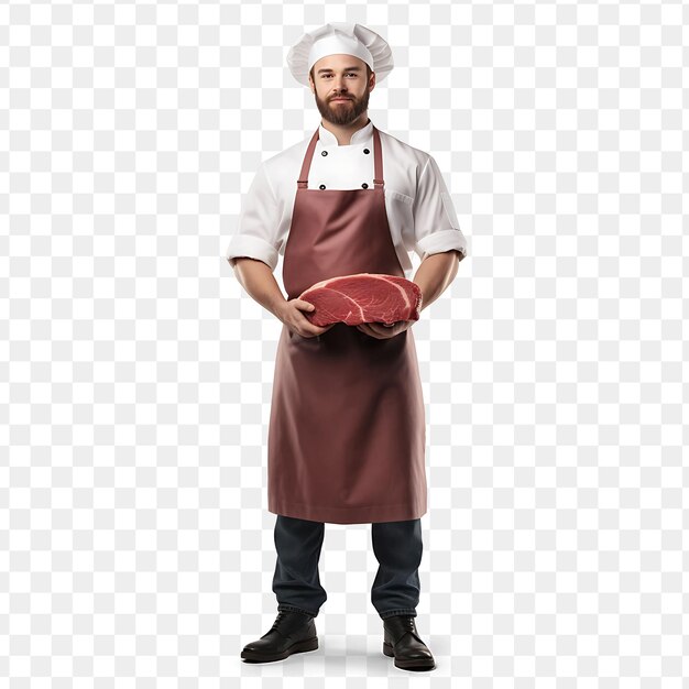 PSD a chef with a red apron holding a red meat