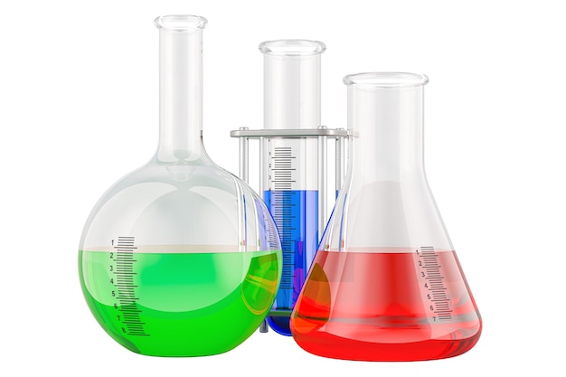 Chemical flasks with colored liquid 3D rendering isolated on transparent background