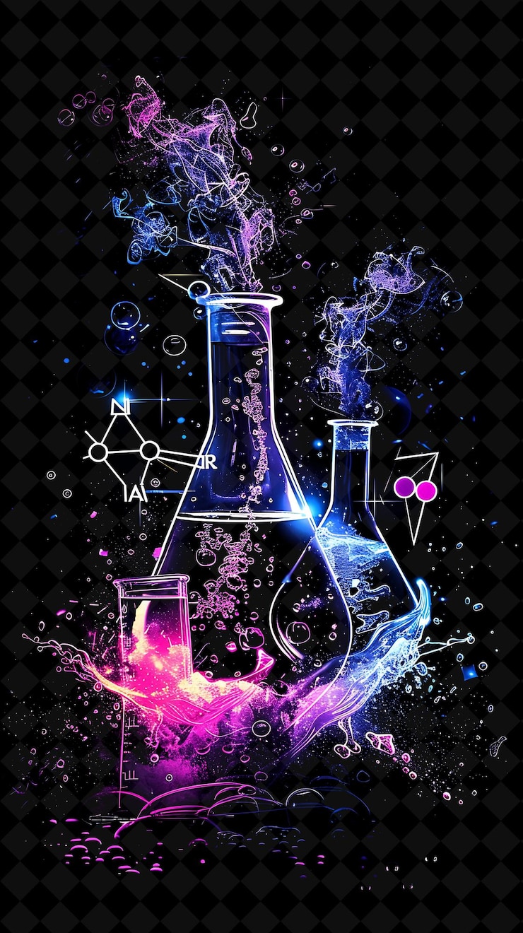 PSD bubbling beakers swirling l png 네온 효과와 함께 화학 반응 폭발 어두운 배경