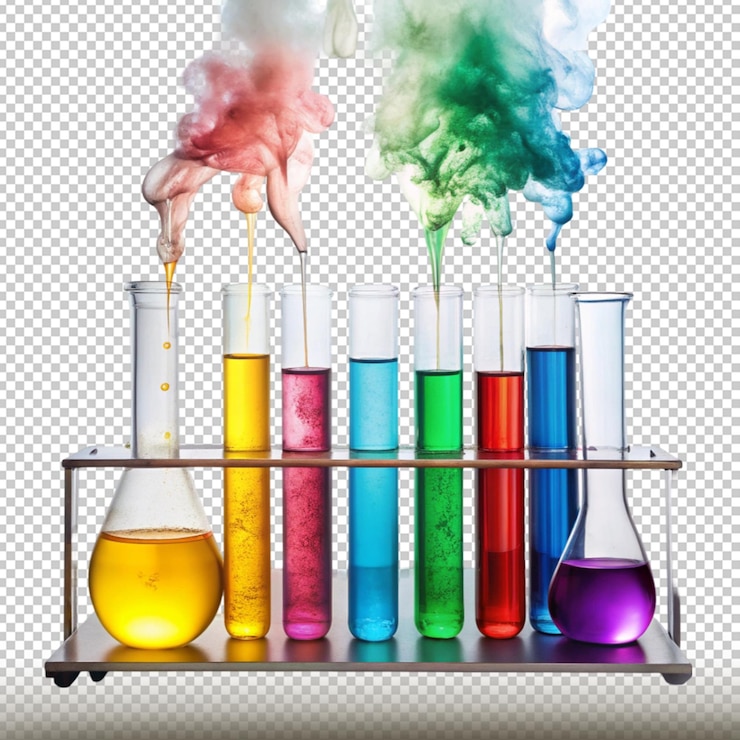 PSD chemical reaction with colorful liquids in test tubes isolated on transparent background