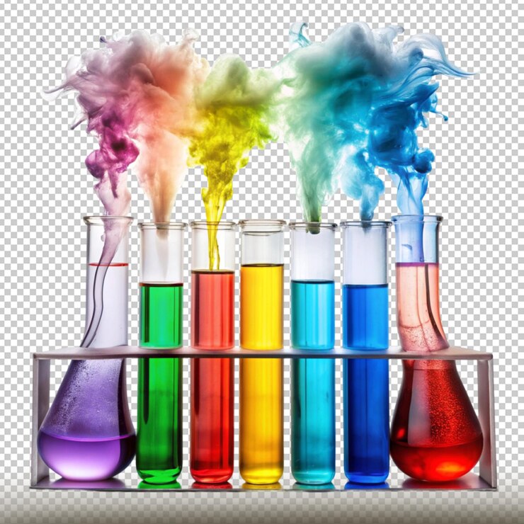 PSD chemical reaction with colorful liquids in test tubes isolated on transparent background