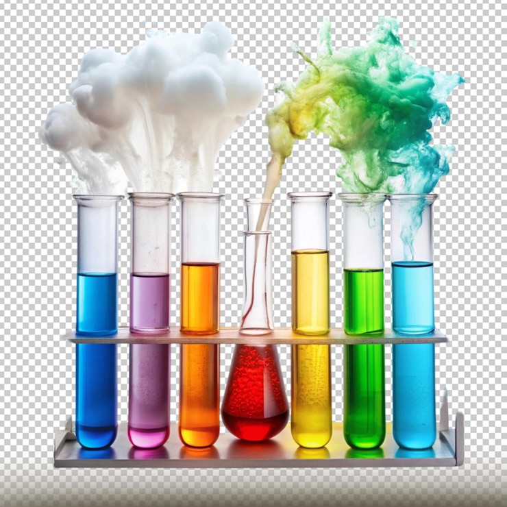 PSD chemical reaction with colorful liquids in test tubes isolated on transparent background
