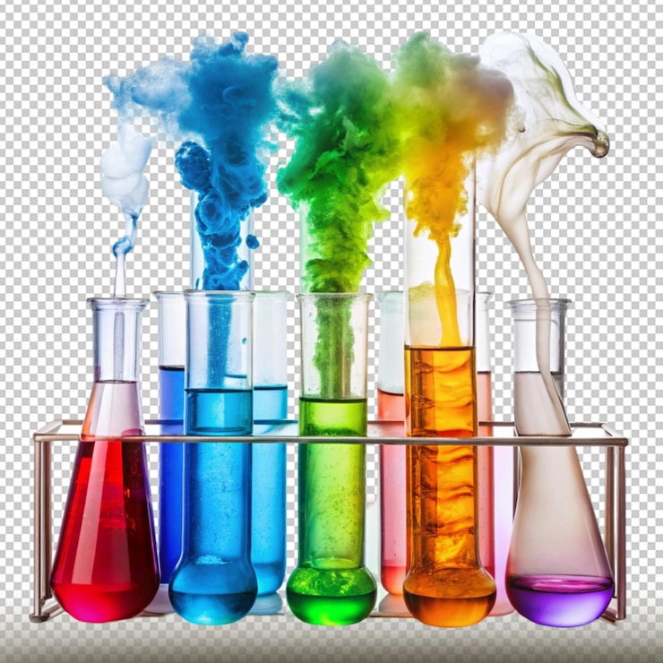 PSD chemical reaction with colorful liquids in test tubes isolated on transparent background