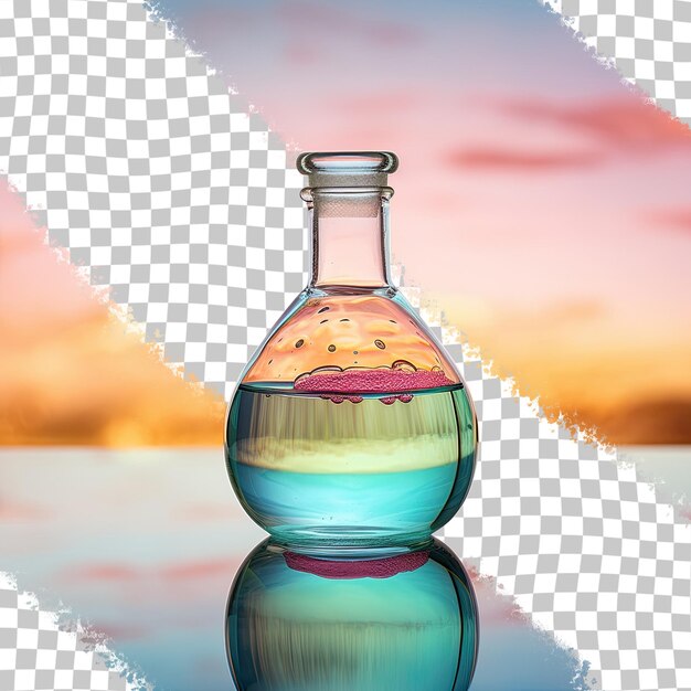 PSD chemical sample bottle on table with reflection in studio transparent background