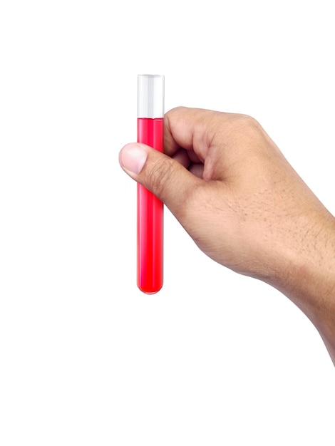 chemiczna probówka w ręku na przezroczystym tle.
