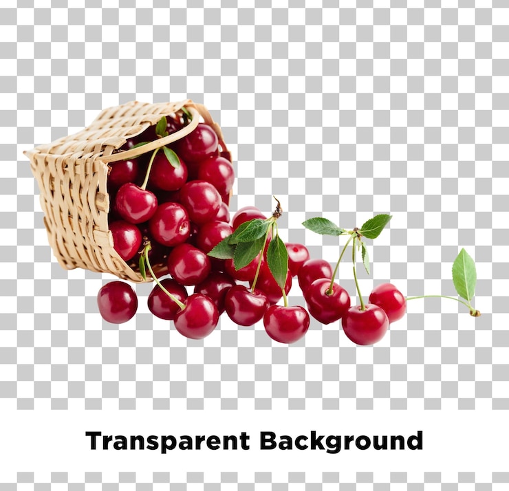 PSD cherries spilling from a wicker basket against a transparent background