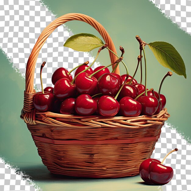 PSD cherries in wicker basket on transparent background