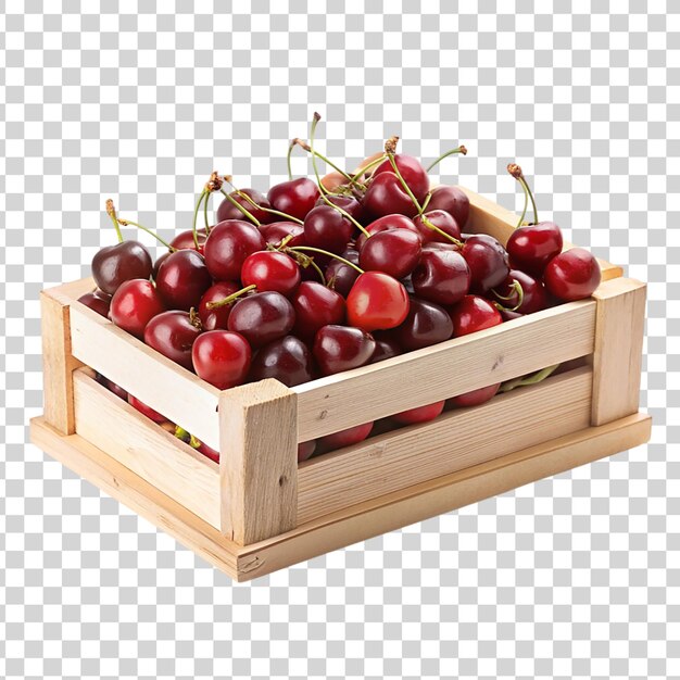 PSD cherries in a wooden crate on a transparent background