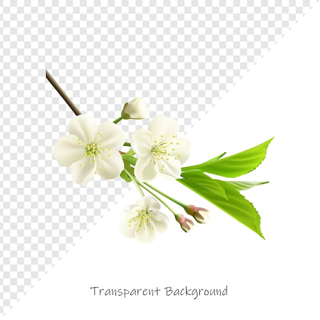 帶有白色花朵和綠葉的櫻花樹枝