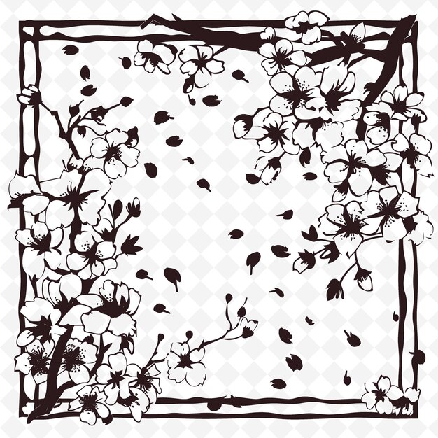 PSD cherry blossom line art with petals and branches for decorat outline scribble arts of nature decor