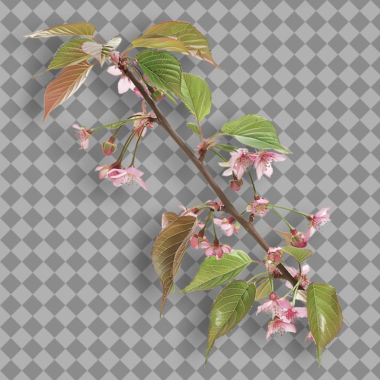 PSD cherry branch tall and spreading with rough bark small leave isolated tree branch on clean bg