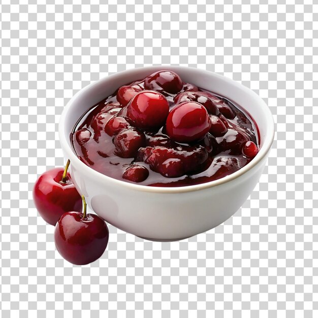 Cherry jam on white bowl isolated on transparent background