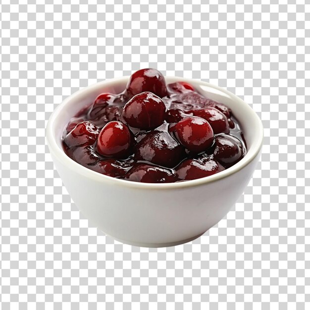 Cherry jam on white bowl isolated on transparent background