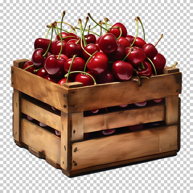 PSD cherry in wooden box isolated on transparent background