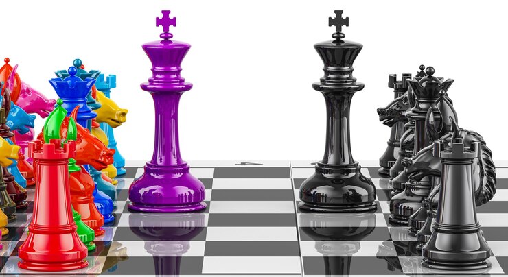 PSD chess board with colored chess pieces and black 3d rendering isolated on transparent background
