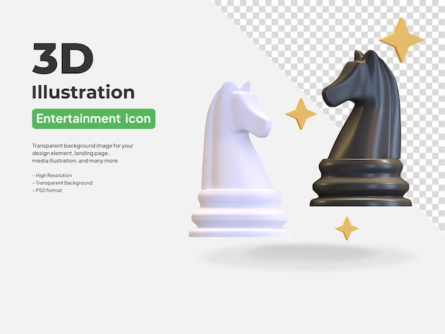 Значок игры в шахматы с символом коня рыцаря 3d визуализации иллюстрации