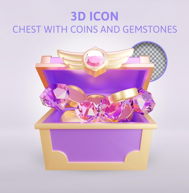 PSD chest with gold coins, gemstones 3d rendering illustration