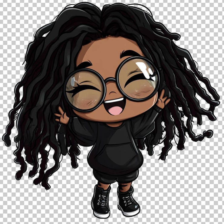 PSD chibi black fairie with big round glasses on transparent background