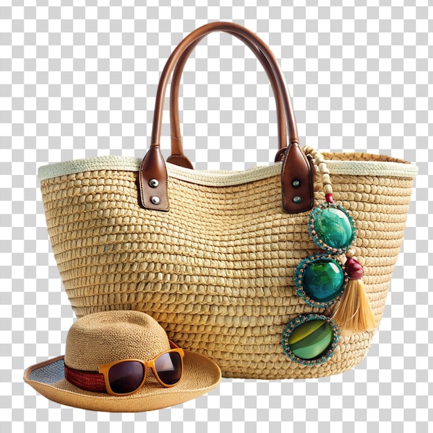 PSD chic beach bag with accessories isolated on transparent background