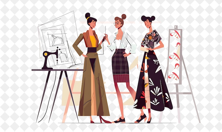 PSD chic fashion designer with characters sketching designs and png people in daily work illustration