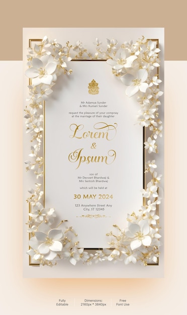 PSD chic wedding invitation with a minimal border of jasmine blooms