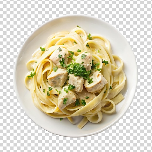 PSD 알프레도 (chicken alfredo) 는 투명한 배경 위에 고립된 색 접시 위면입니다.