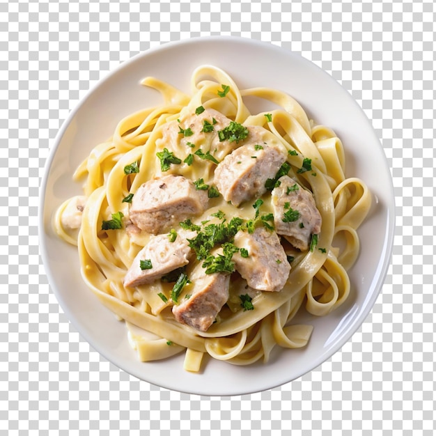 PSD chicken alfredo on white plate top view isolated on transparent background