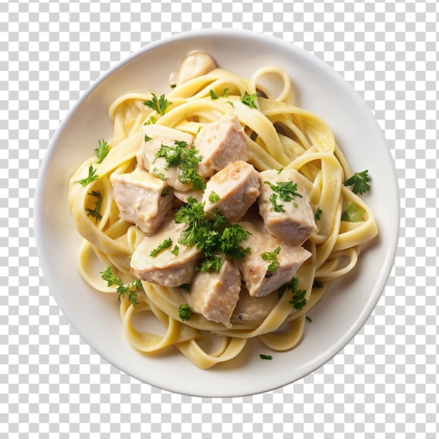 PSD chicken alfredo on white plate top view isolated on transparent background