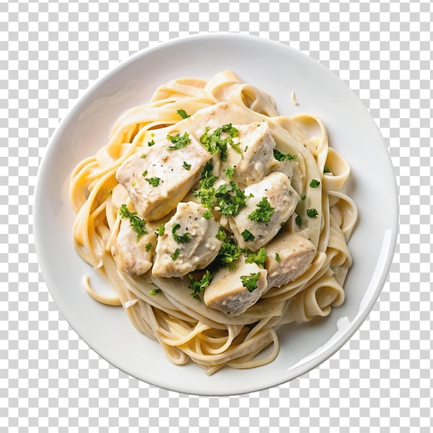 PSD chicken alfredo on white plate top view isolated on transparent background