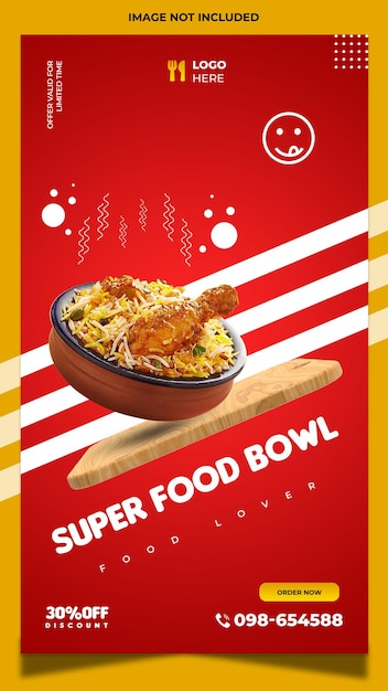 PSD storia del post design sui social media di chicken biryani food