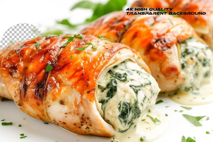 PSD chicken breasts rolled with a creamy spinach filling on transparent backgroun