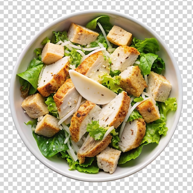 PSD chicken caesar salad on white bowl top view isolated on transparent background