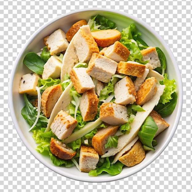 Chicken caesar salad on white bowl top view isolated on transparent background