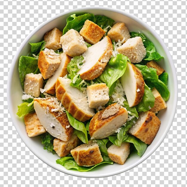 Chicken caesar salad on white bowl top view isolated on transparent background