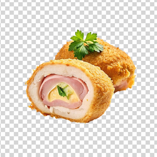 PSD chicken cordon bleu in a white plate isolated on transparent background