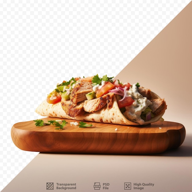 PSD chicken doner kebab served on wooden tray isolated on table