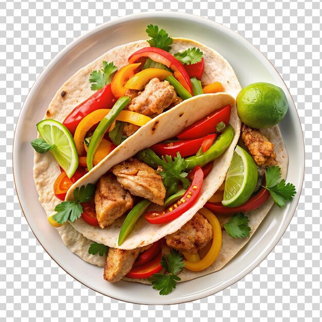 PSD chicken fajitas on white plate top view isolated on transparent background