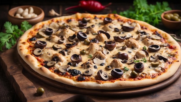 Chicken hot pizza with mushrooms and olives