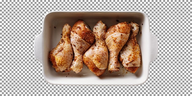 Chicken leg pieces in a square shaped bowl with transparent background