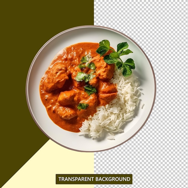 Chicken meat with tikka masala sauce spicy curry food in a plate with rice and spices