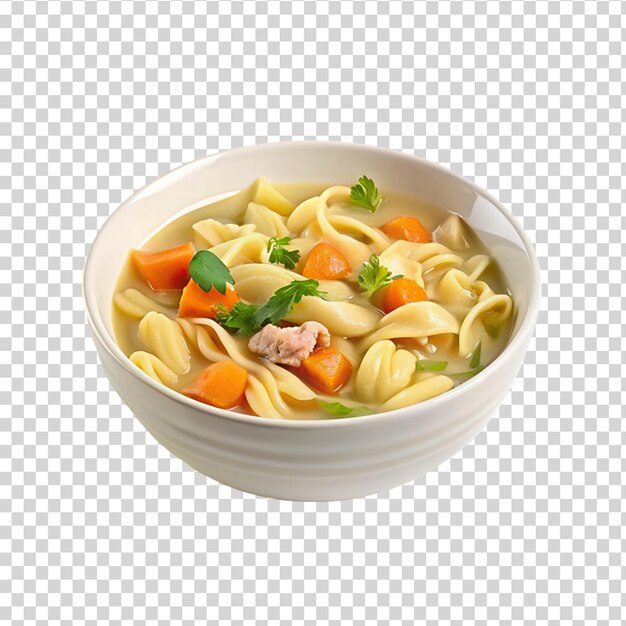 PSD chicken noodle soup in white bowl isolated on transparent background