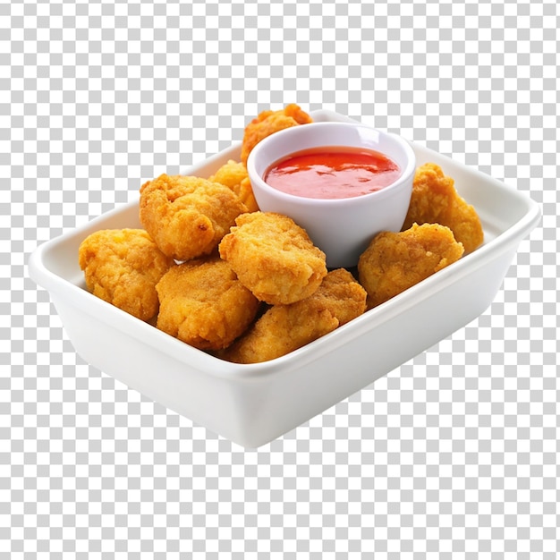 PSD chicken nuggets with chili sauce on white tray isolated on transparent background